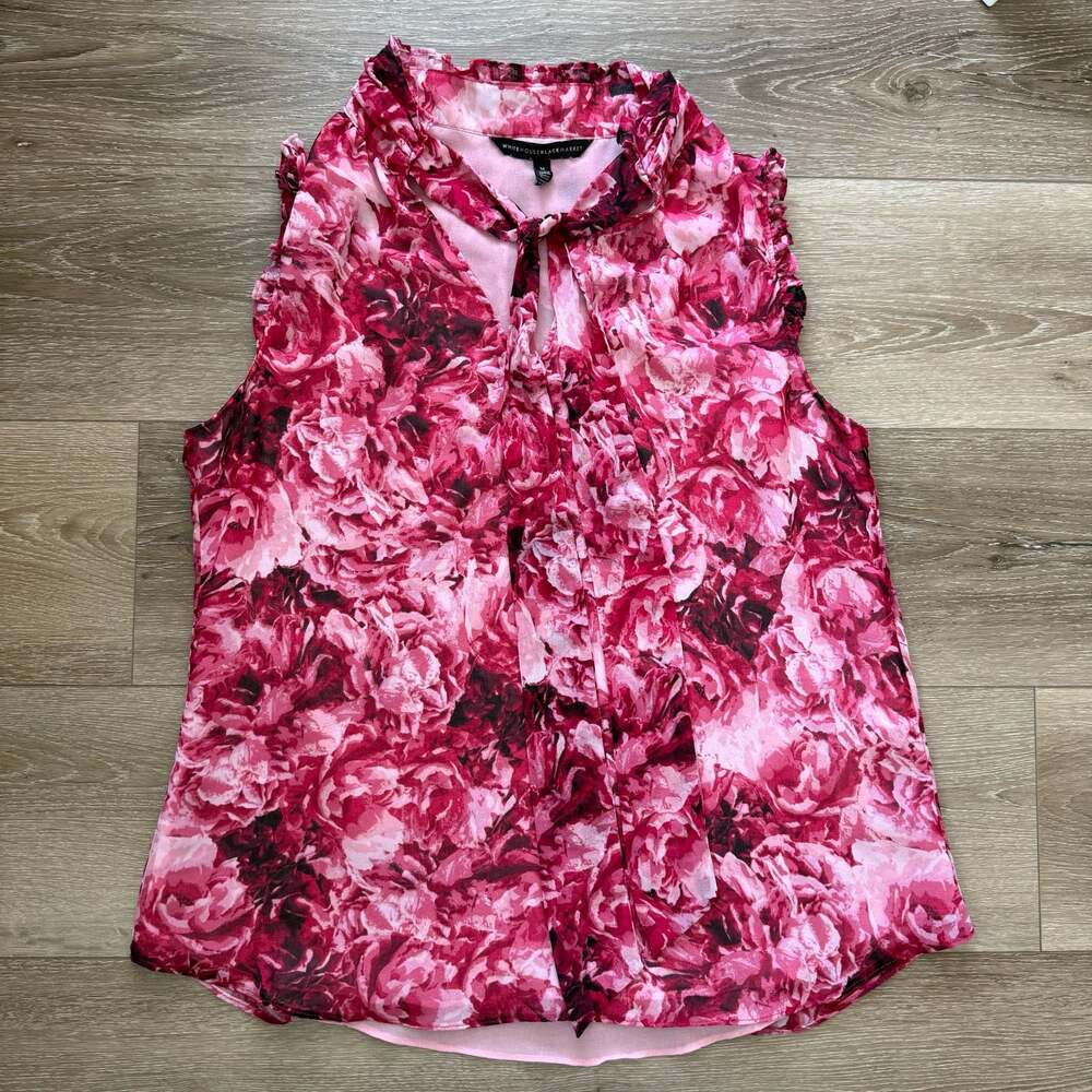 White House Black Market Floral Sleeveless Ruffle Mock Neck Tie Blouse Size M